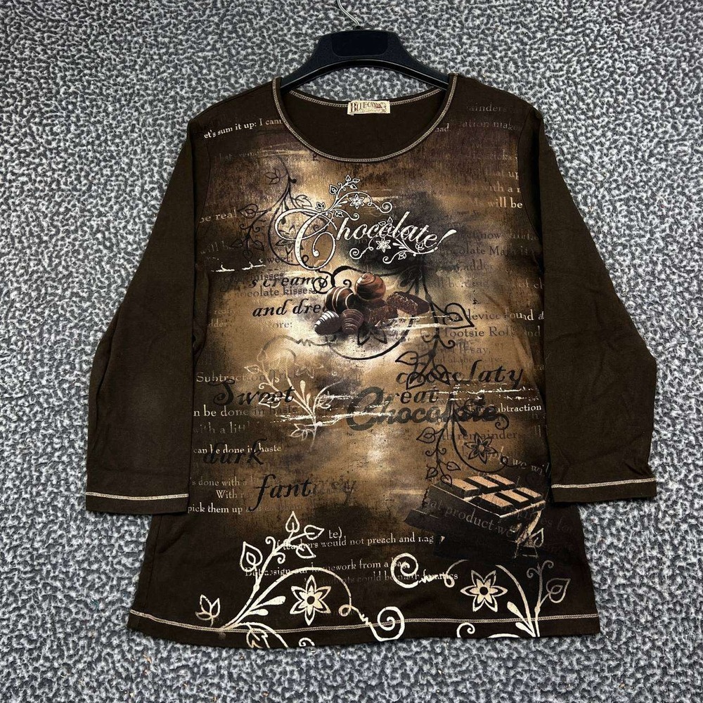 Blue Canyon Clothing Chocolate Graphic Shirt Women XL Brown 3/4 Sleeve Cotton